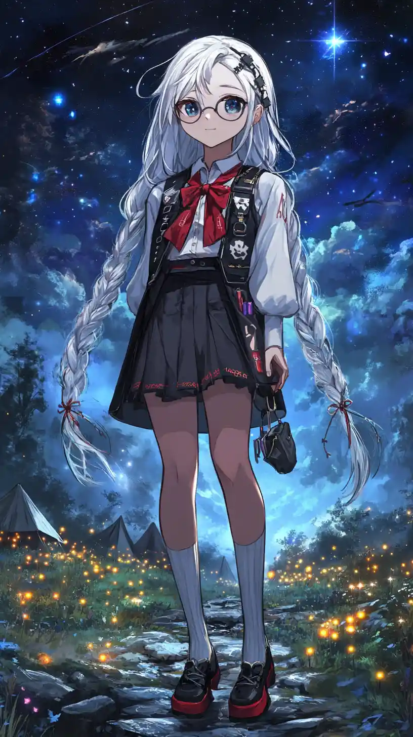 Gloomy anime girl with silver braid and chess beret
