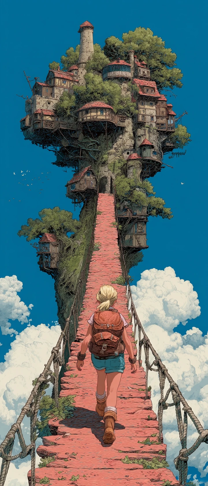 Young girl crossing a rope bridge between towering treehouses