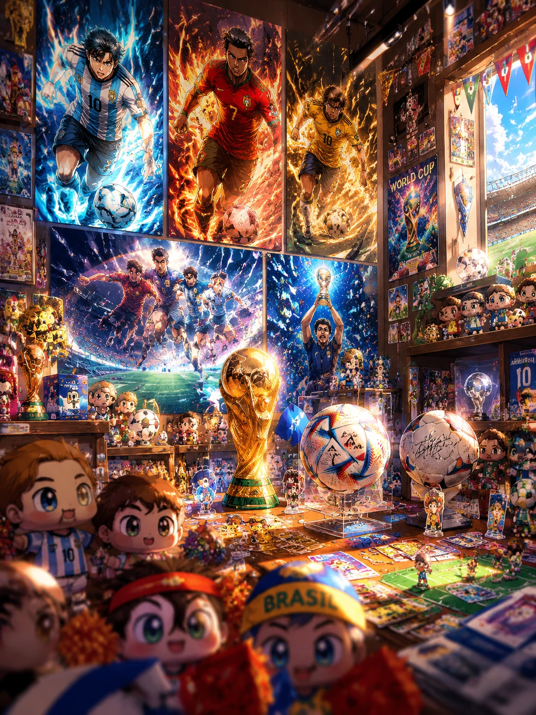Anime football shrine room filled with posters and plush toys
