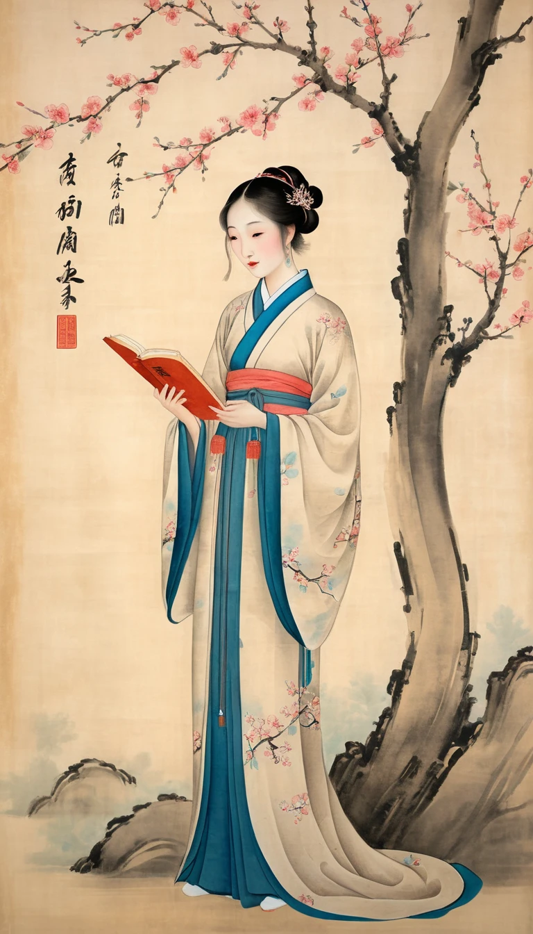 Song era woman with scroll under peach blossom tree