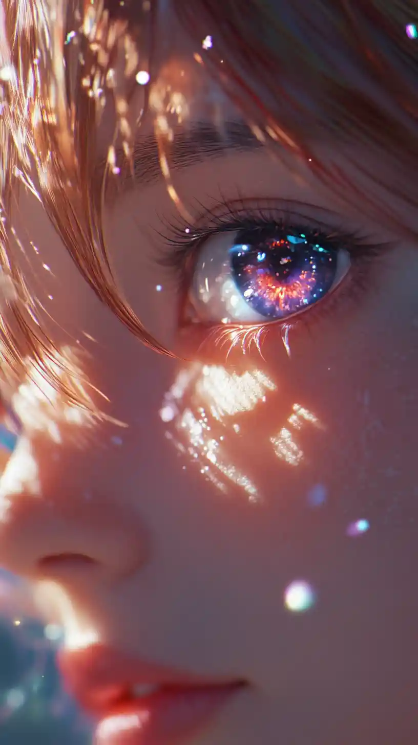 Extreme close up of anime girl eye with cosmic colors