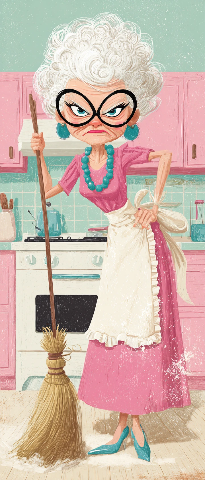 Confident grandmother sweeping with style in bright pink kitchen