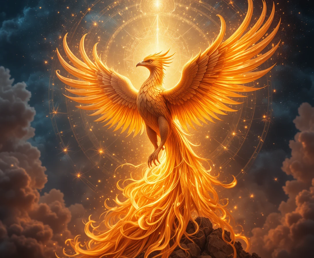 Majestic phoenix rising from golden sacred flames