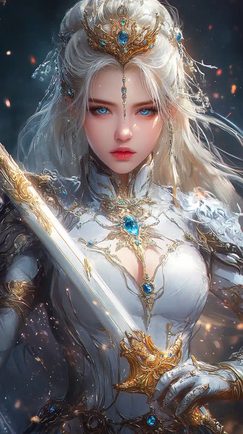 Ice blue eyed warrior woman with ornate golden armor