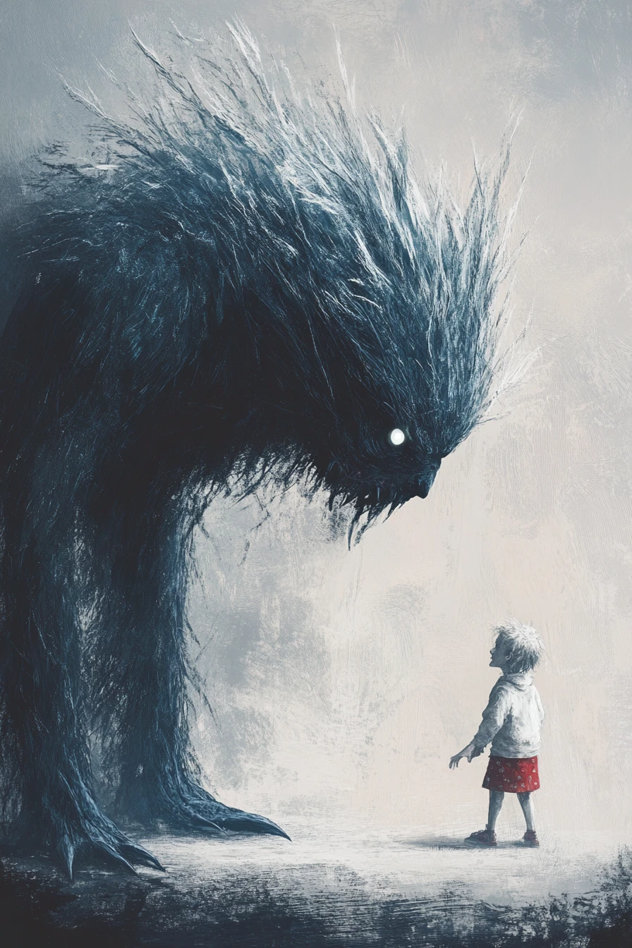 Small child faces towering monster in gray surreal scene