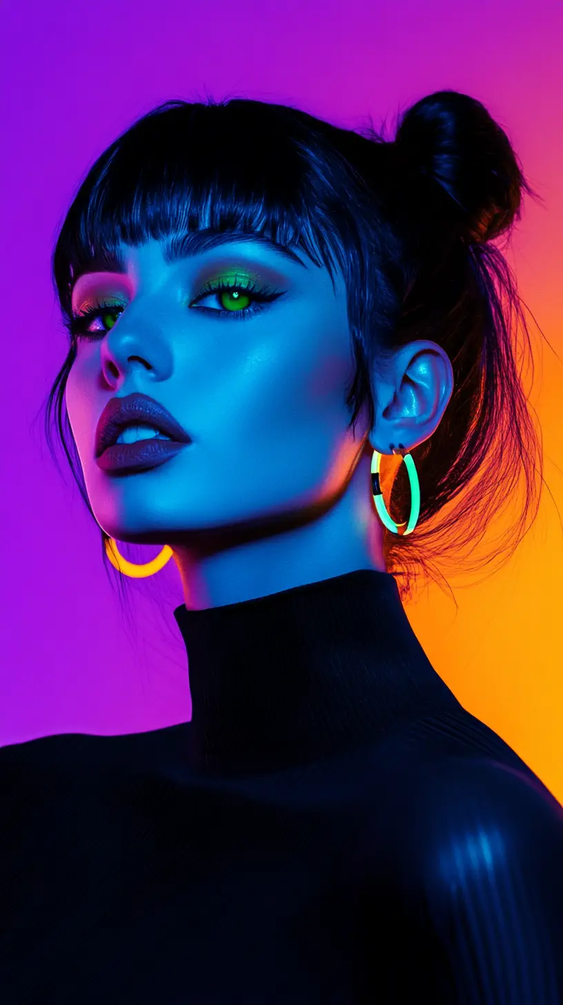 Neon lit woman with glowing green eyes and dark updo