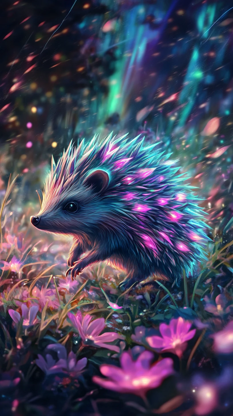 Crystal hedgehog trotting through glowing flowers and auroras