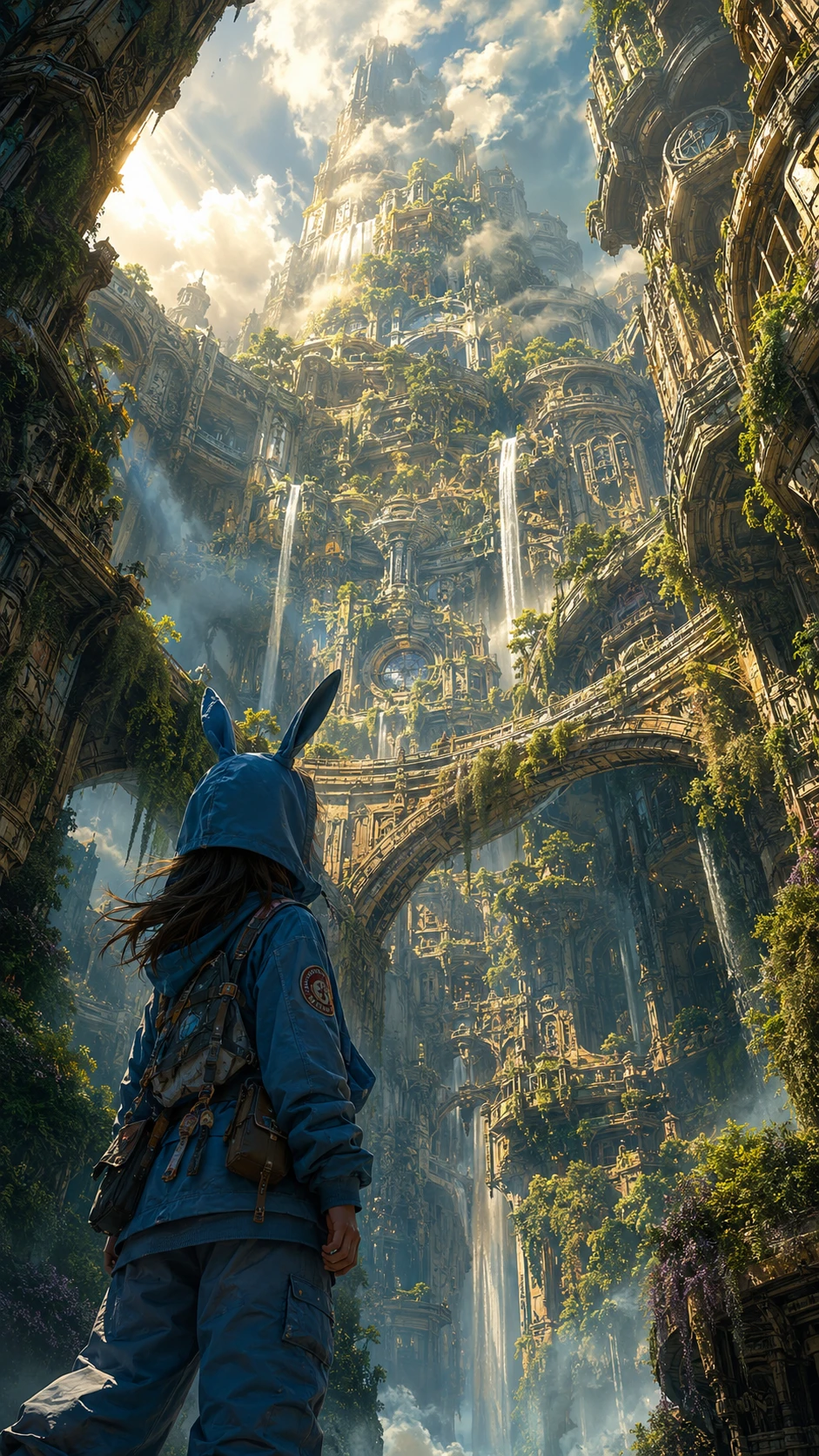 Joven chica contemplando una colosal ciudad fantástica en terrazas