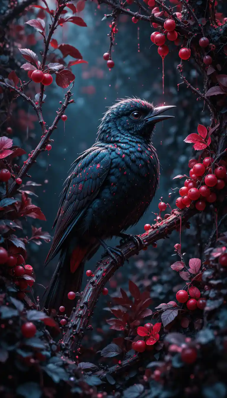 Blackbird Resting On Rowan Branch In Surreal Space Scene