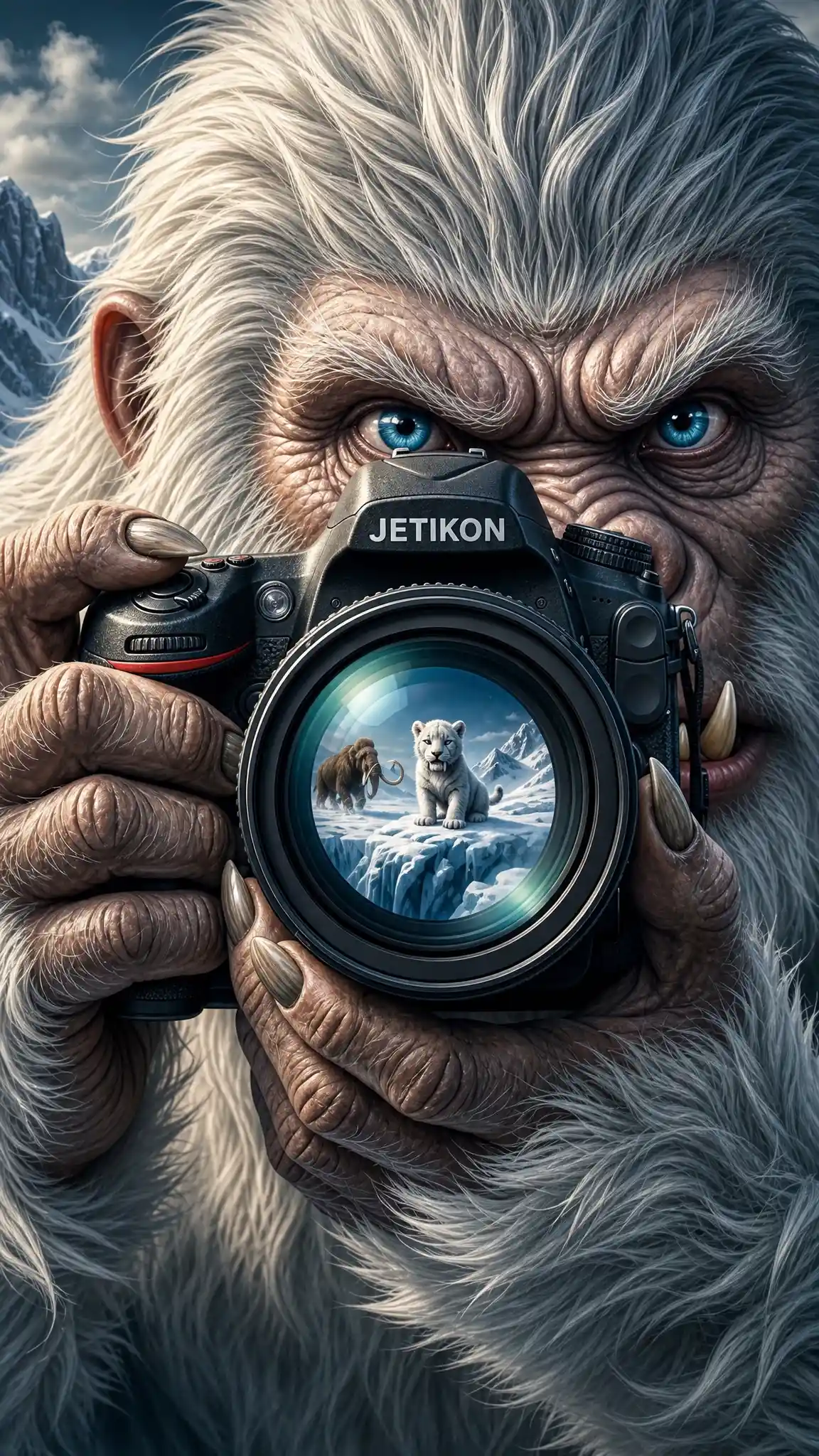 Nahaufnahme eines Yetis, der eine Schneelandschaft fotografiert