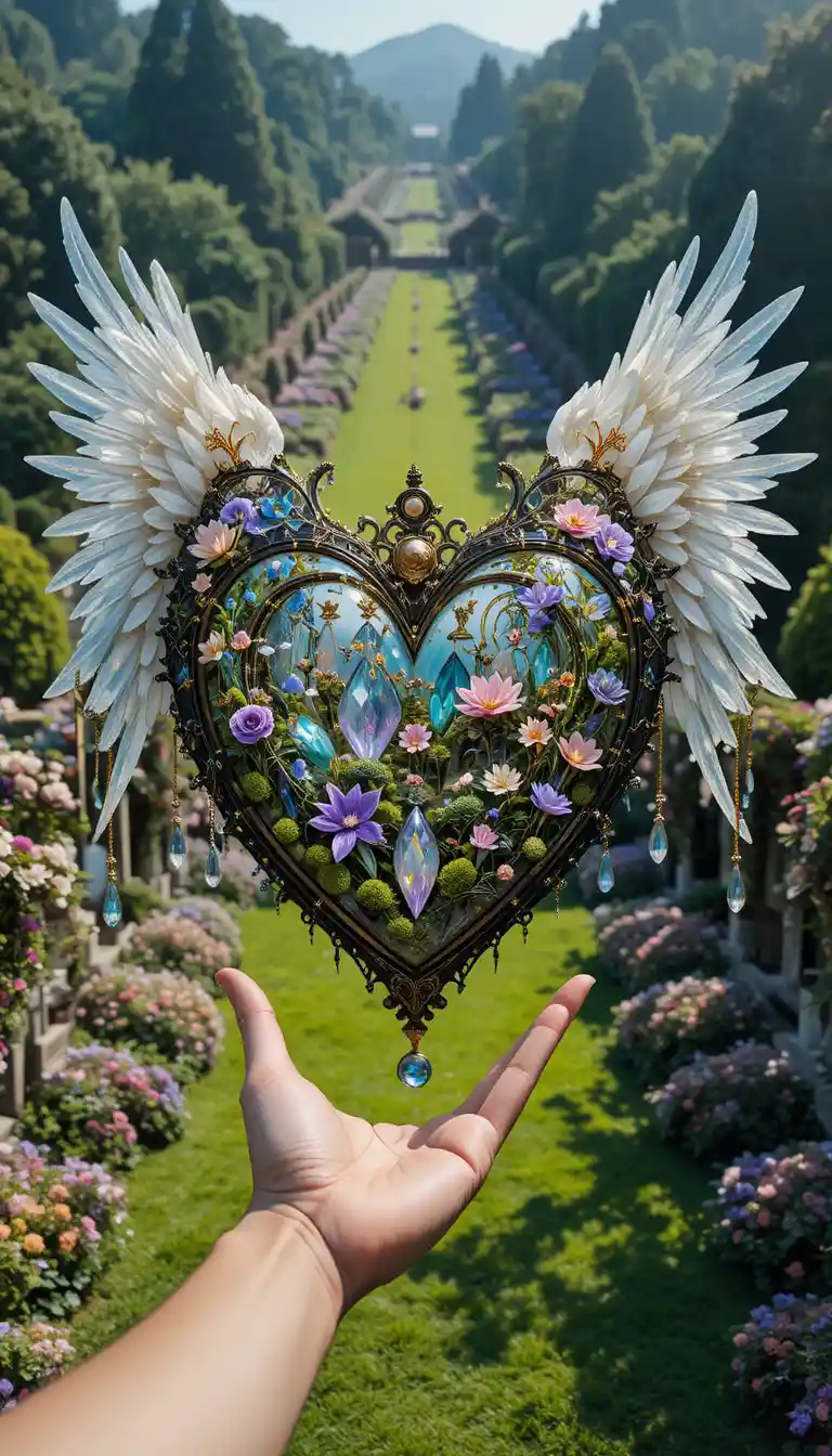 Luxury crystal heart sculpture with celestial wings in garden