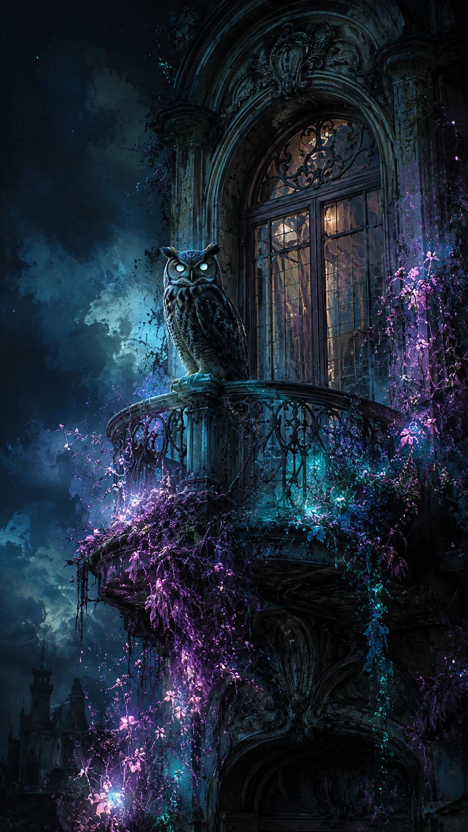 Spectral owl guarding a decaying art nouveau fantasy mansion
