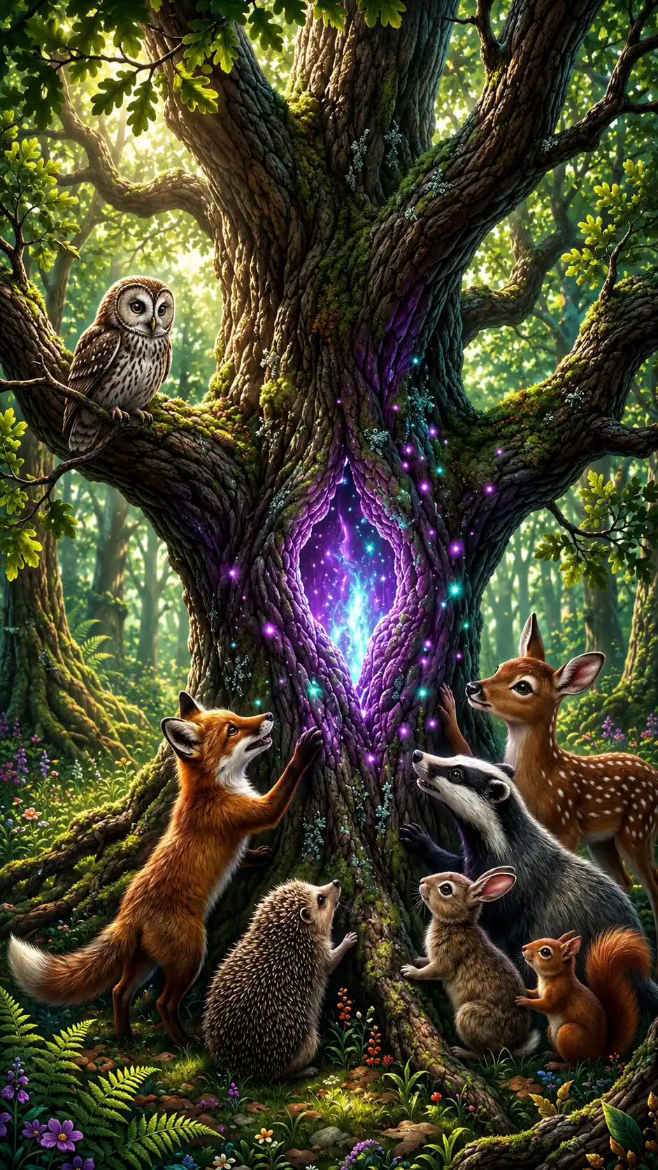 Wild animals around a glowing oak in forest sunlight