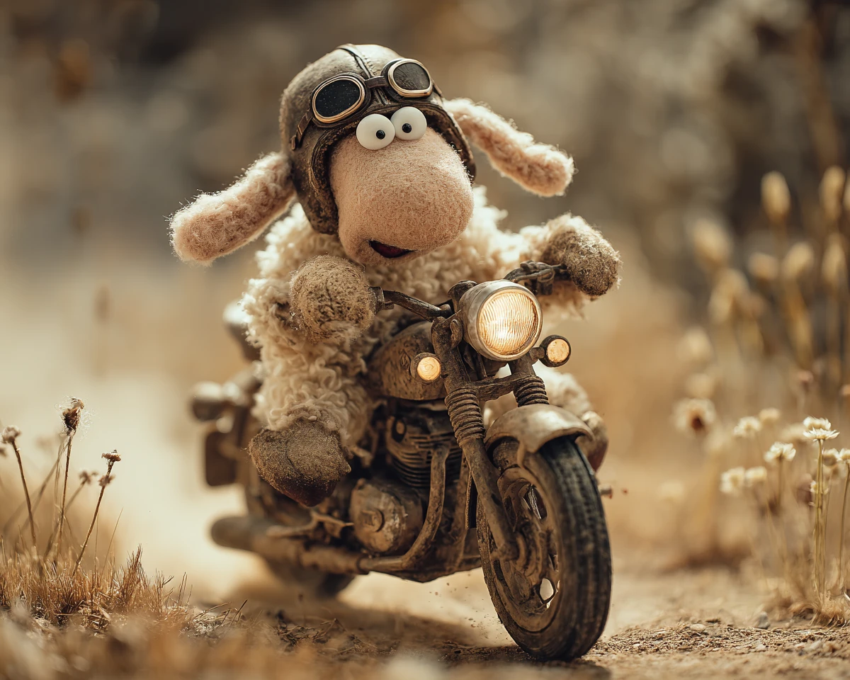 Fluffy sheep racing an old motorcycle through a chaotic farmyard