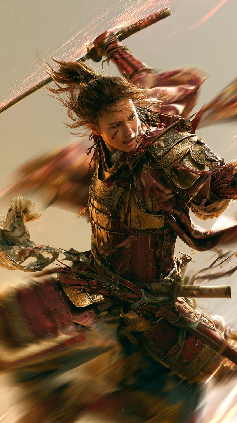 Samouraï femme bondissant dans la bataille avec katana enchanté
