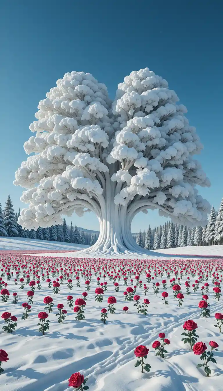 Snow covered evergreen tree forming a giant heart shape