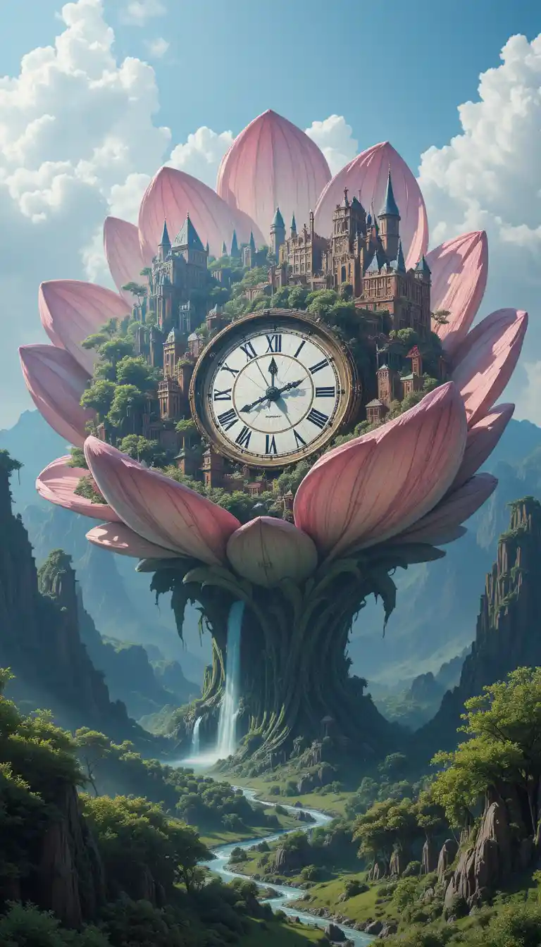 Gigantic Clockwork Flower Towering Over A Fantasy Valley