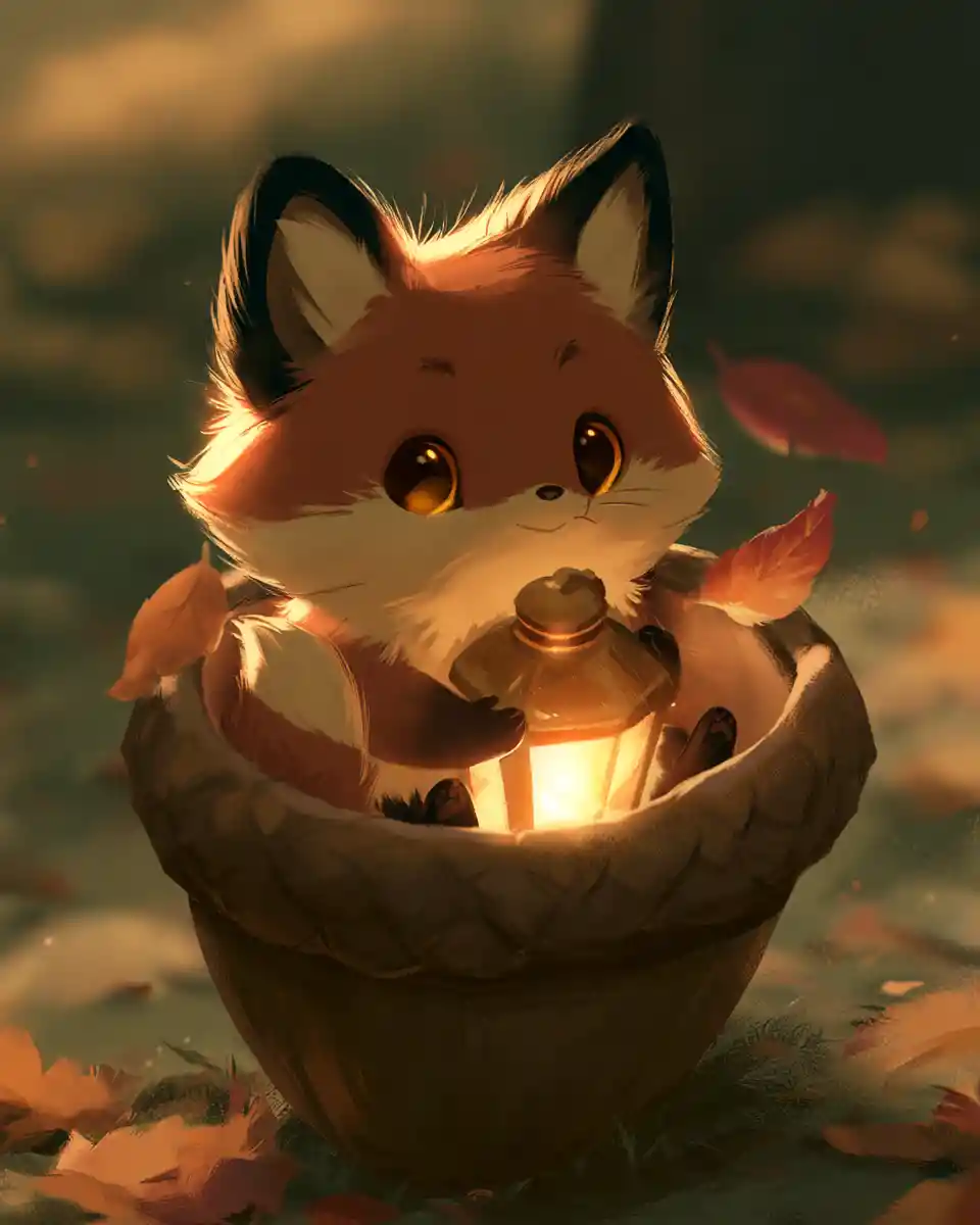 Cute fox in acorn cup with glowing lantern and autumn leaves