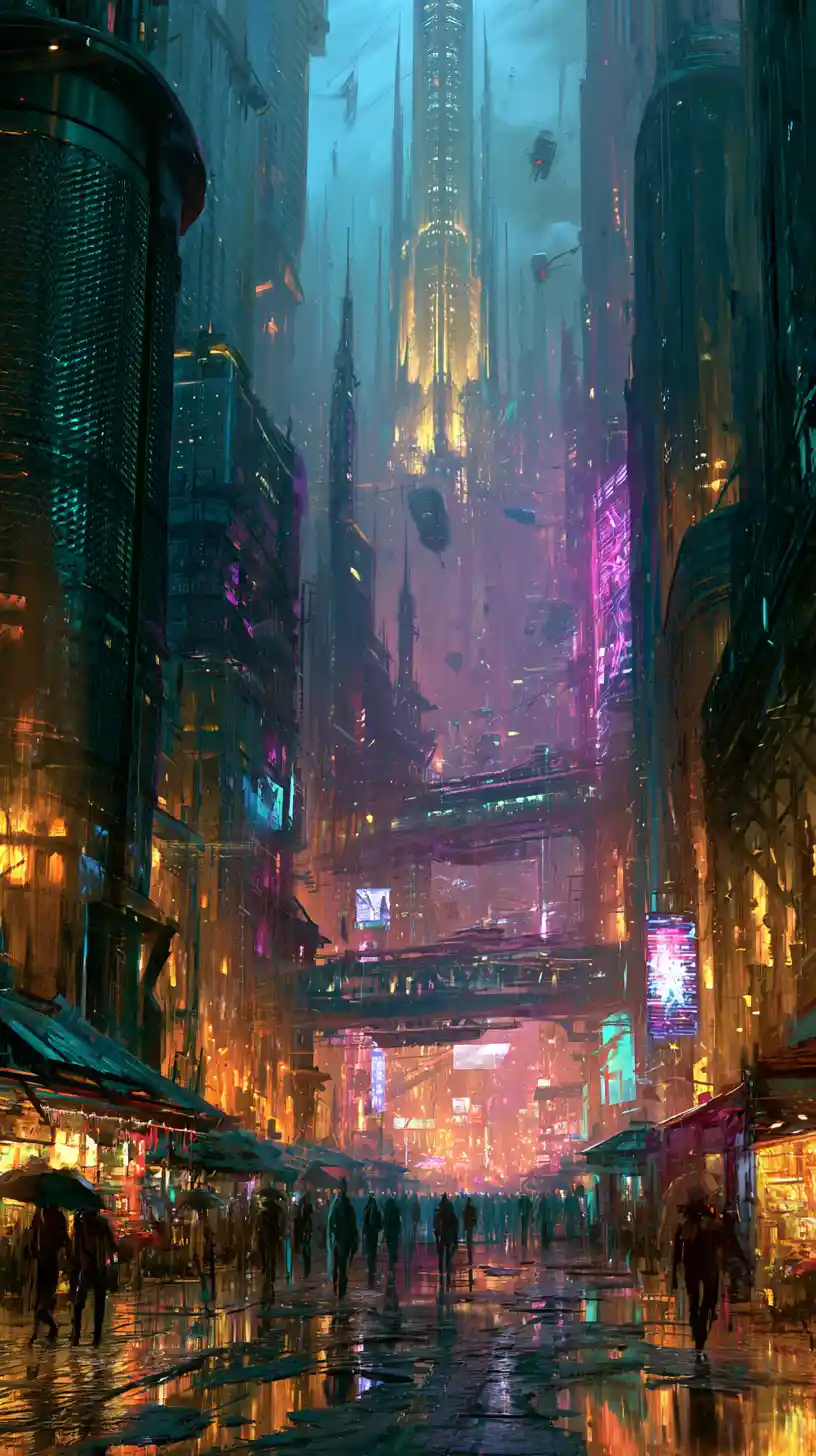 Futuristic Neon City Street Canyon At Twilight