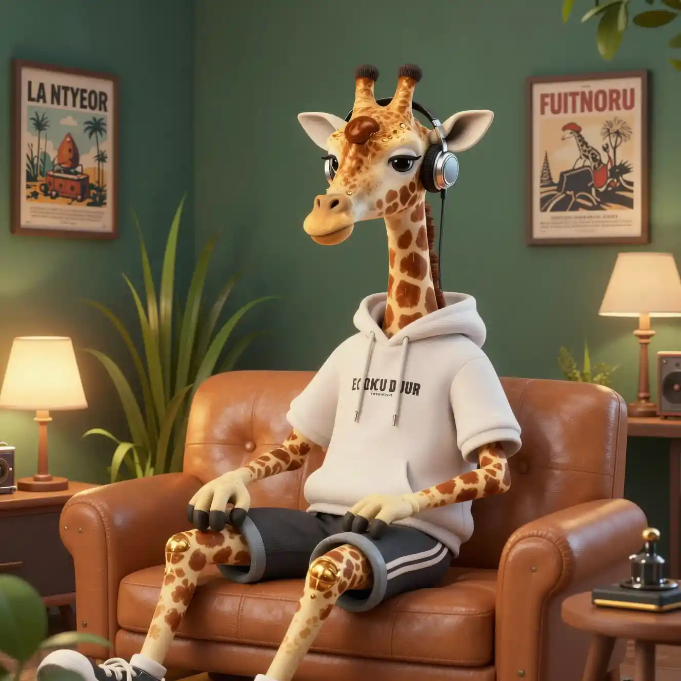 Giraffe relaxing in streetwear on a leather beanbag