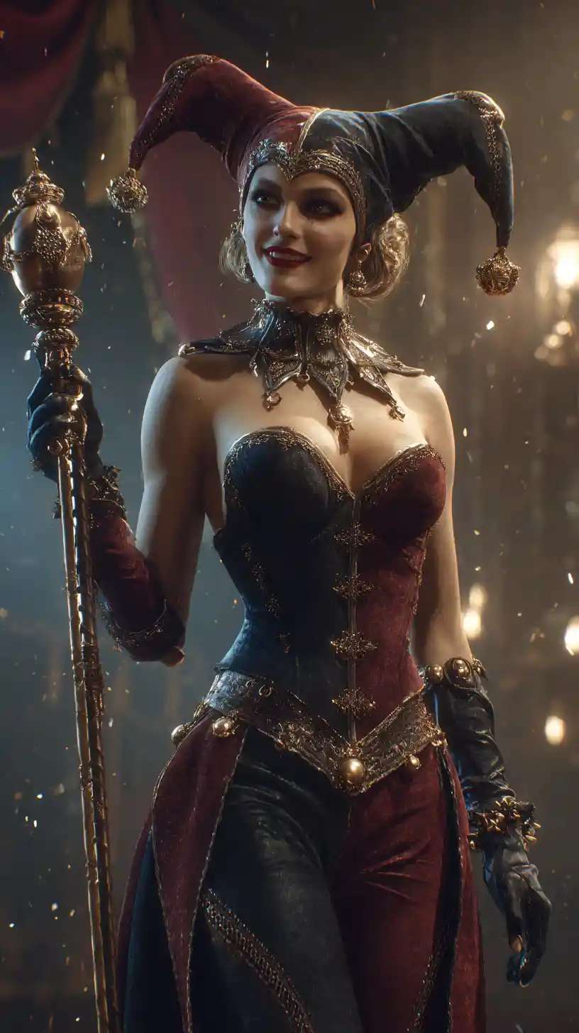 Cinematic portrait of a jester woman on theater stage