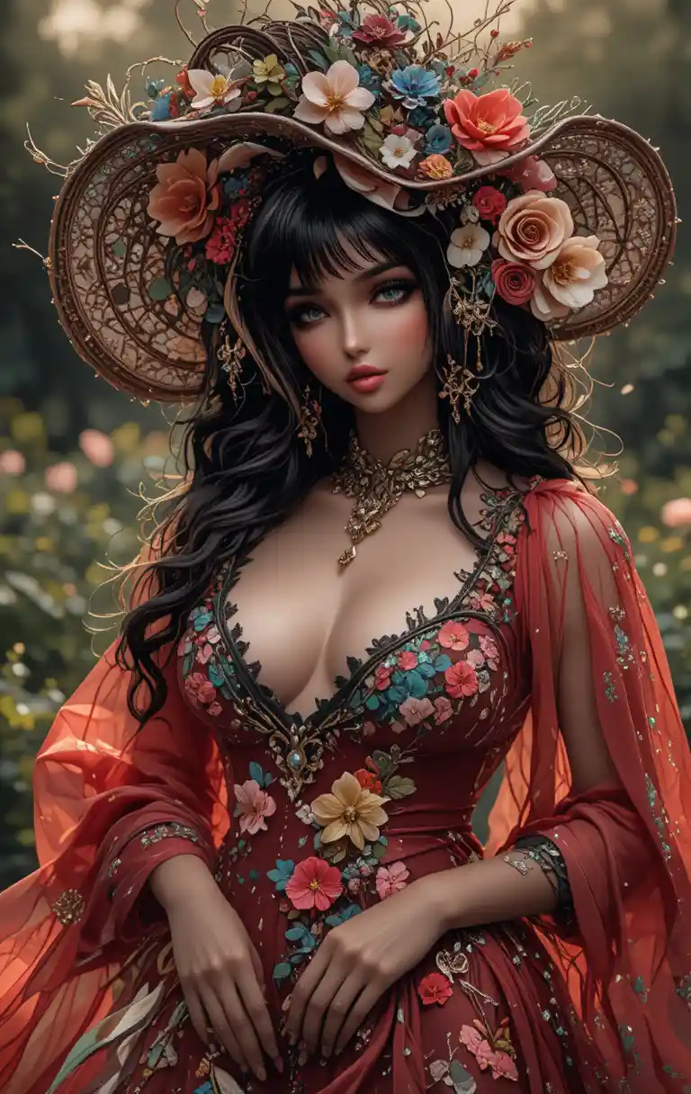 Glamorous woman in floral hat and sheer red dress