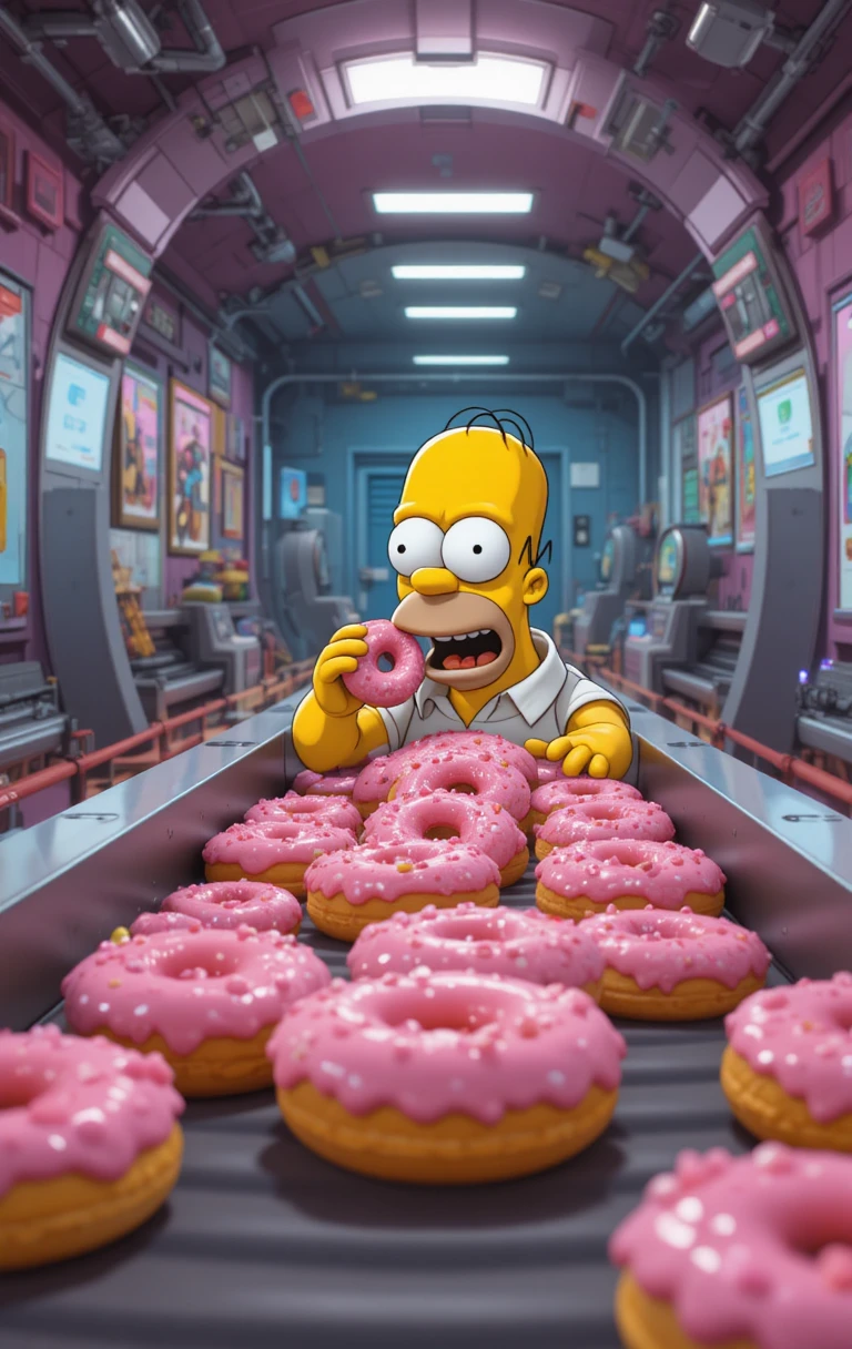 Cartoon man devouring endless pink frosted donuts