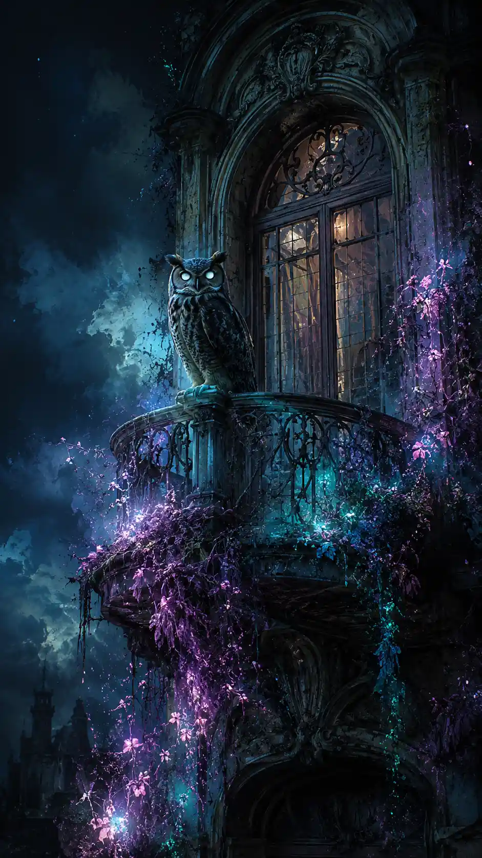 Spectral owl guarding a decaying art nouveau fantasy mansion