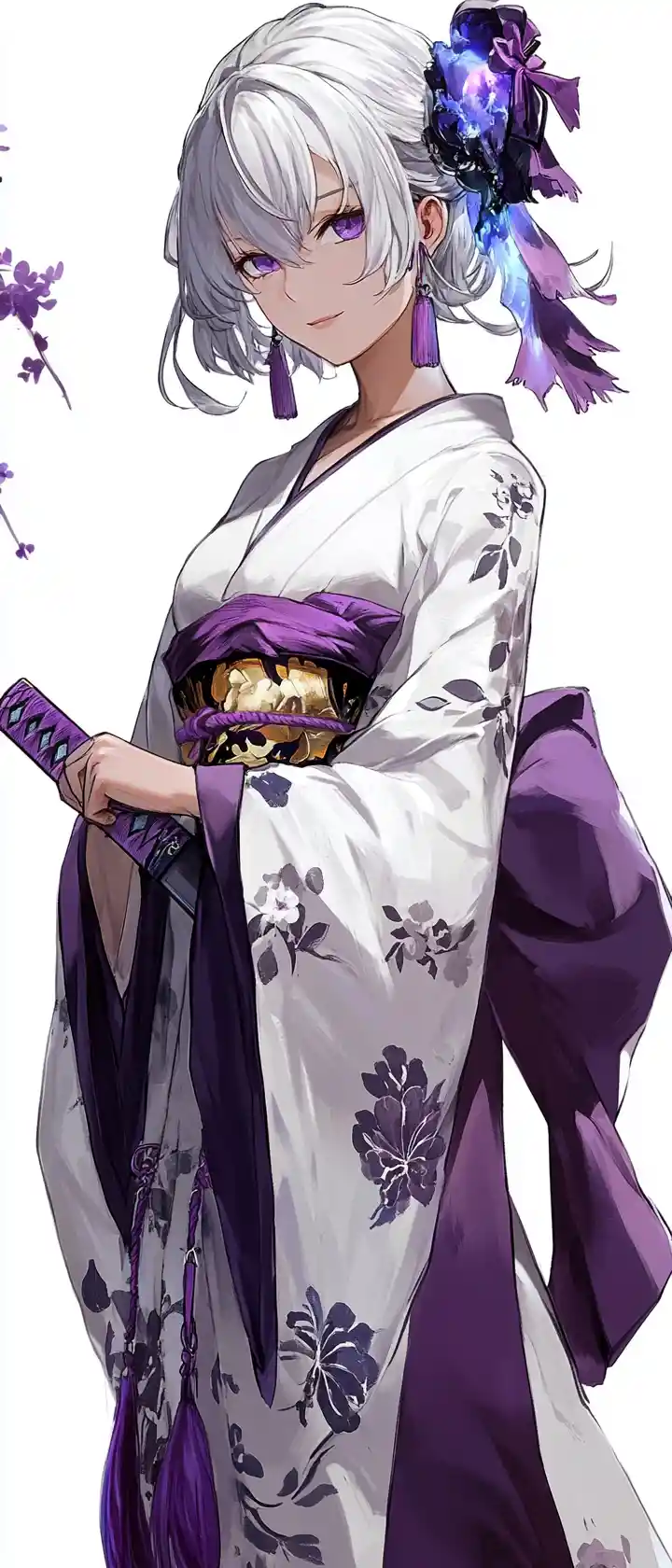 Anime warrior woman in white kimono with glowing katana