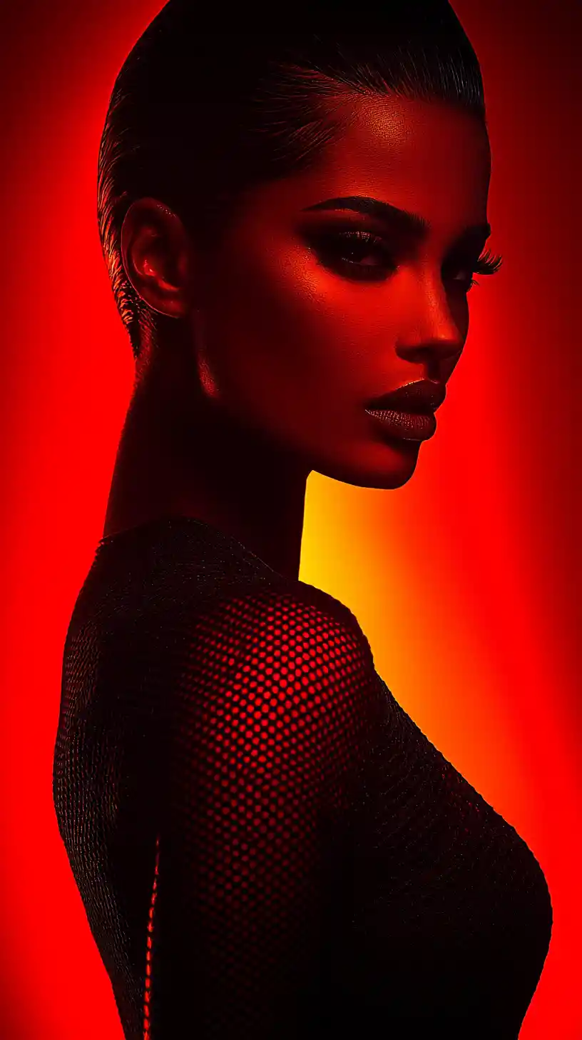 Confident beauty portrait with slicked hair and bold lip