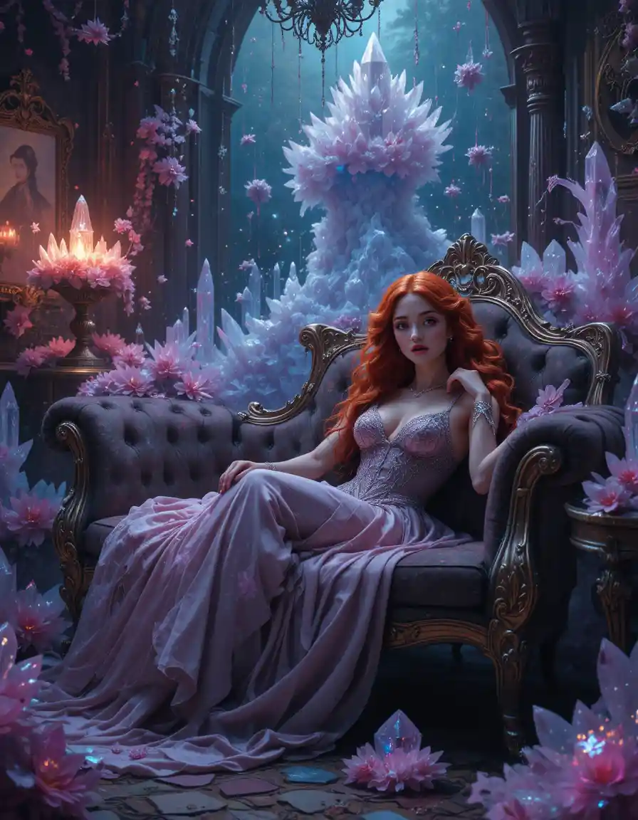 Redhead beauty lounging on an ornate couch in crystals