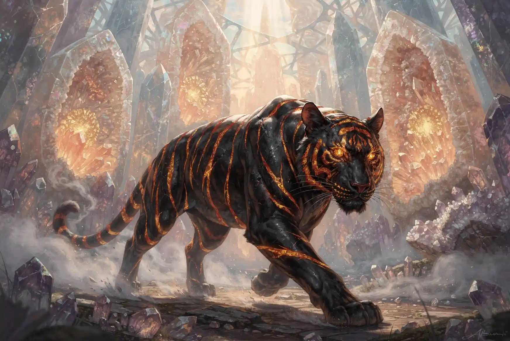 Ethereal Black Tiger Walking Through Surreal Crystal Jungle