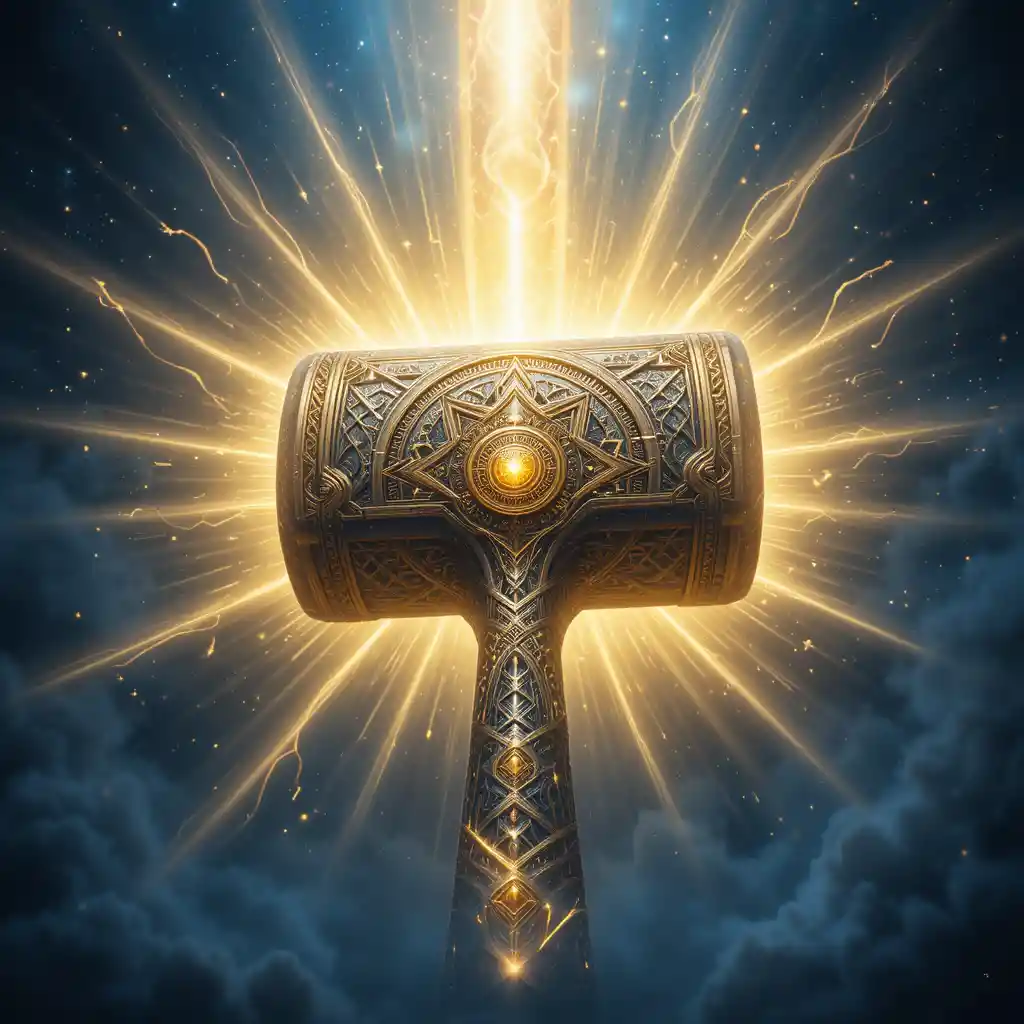 Divine hammer glowing in ethereal cosmic starlit space