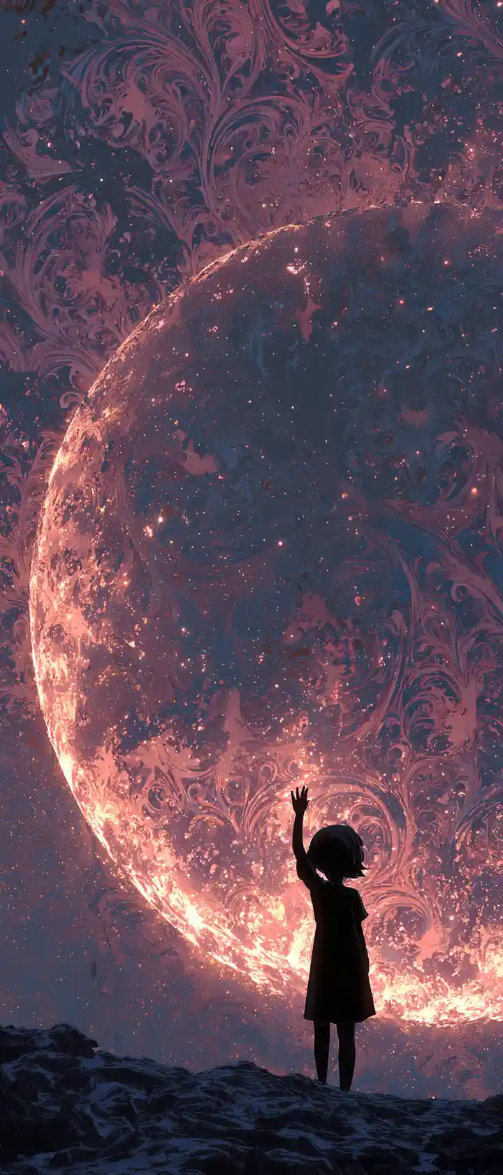 Anime girl reaching toward a glowing cosmic infrared crescent