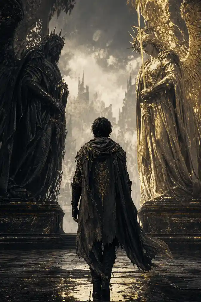 Solitary woman standing between dark and light in conflict