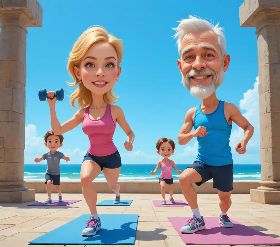 Outdoor cartoon fitness class by the ocean in summer