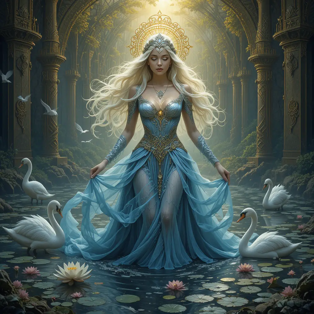 Dama mistica che emerge da un lago sacro di fantasia