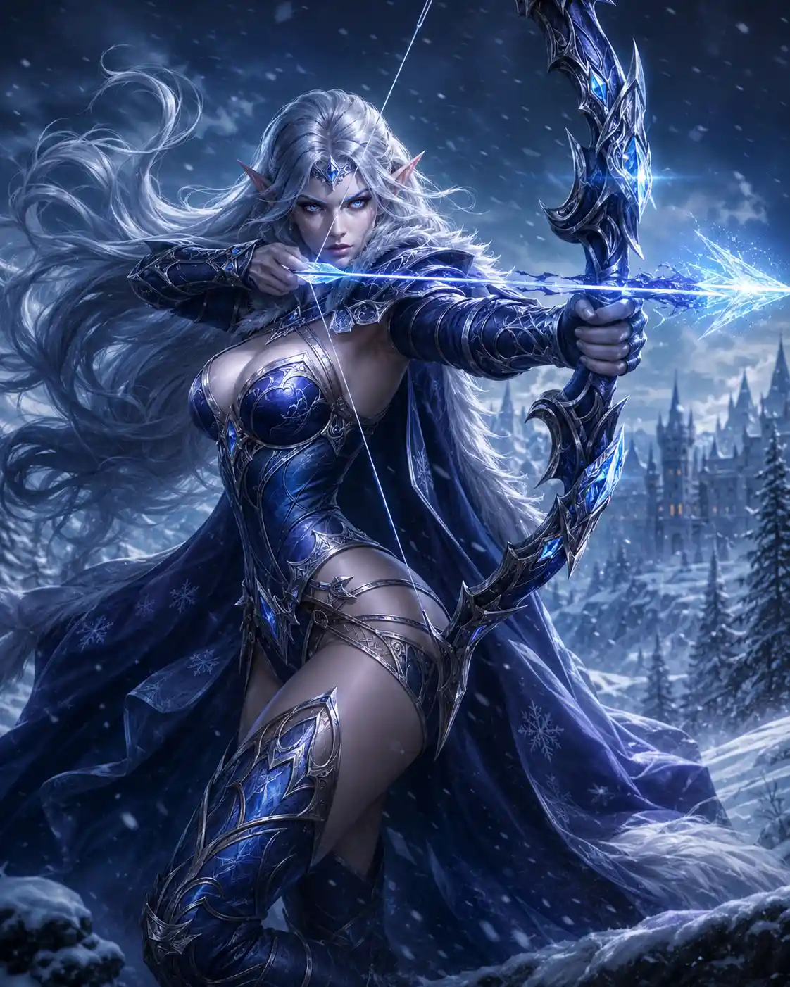 Winter elf archer standing in a snowy fantasy landscape