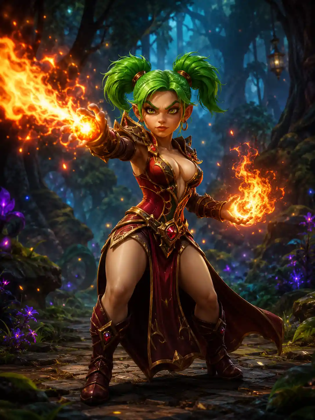 Fire mage gnome woman casting flames in mystical forest
