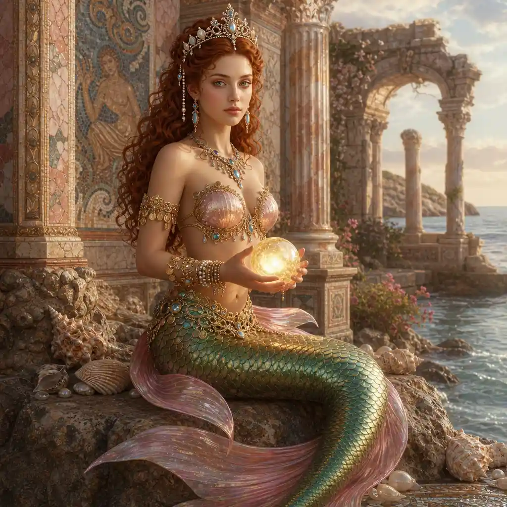 Renaissance style full length portrait of a mermaid princess