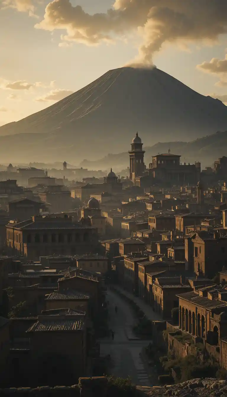 Ancient Roman city of Pompeii at dawn before eruption