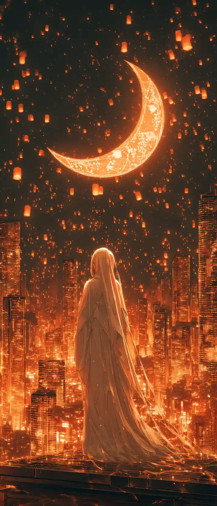 Anime girl in flowing hijab on glowing futuristic rooftop