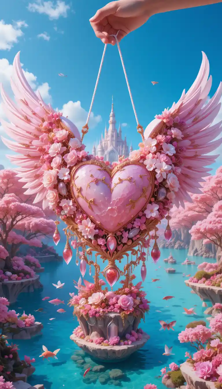 Winged heart ornament over a crystal pink fantasy lagoon