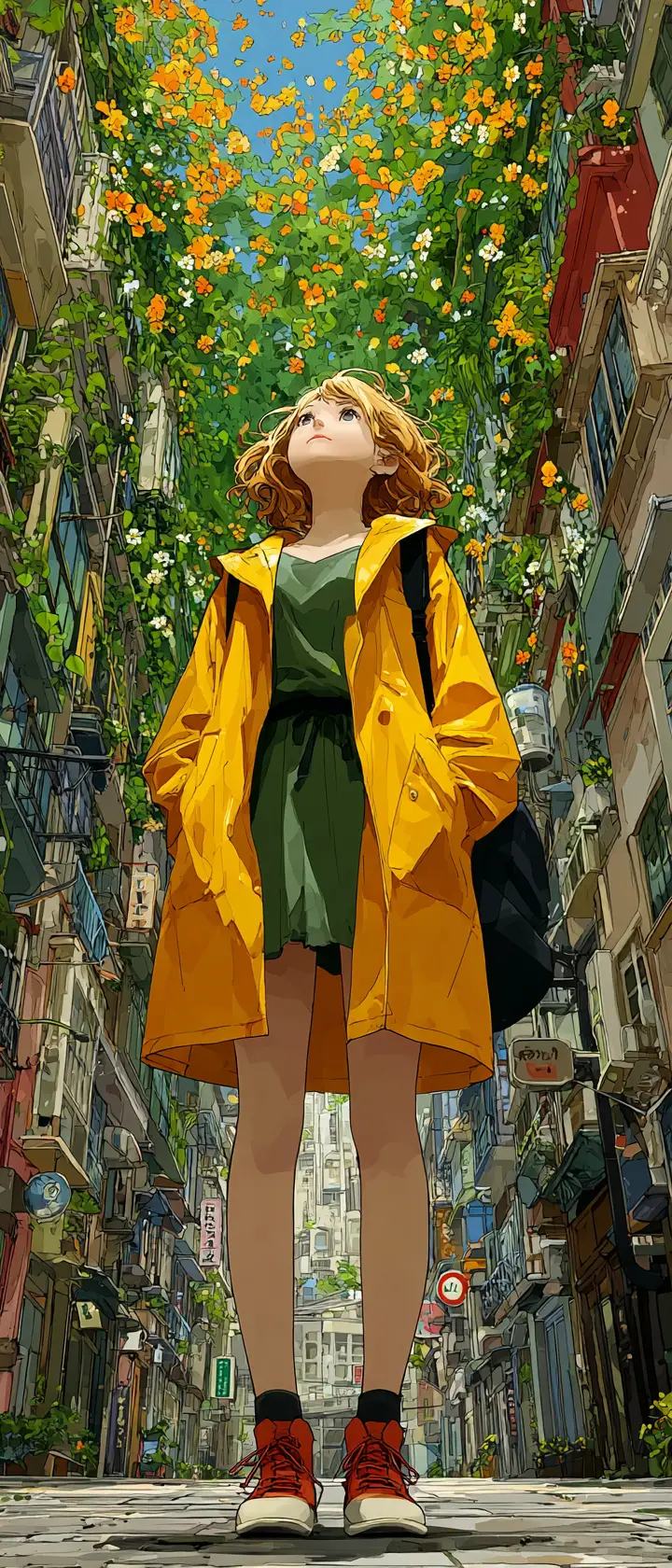 Anime girl in yellow raincoat under vertical magic garden