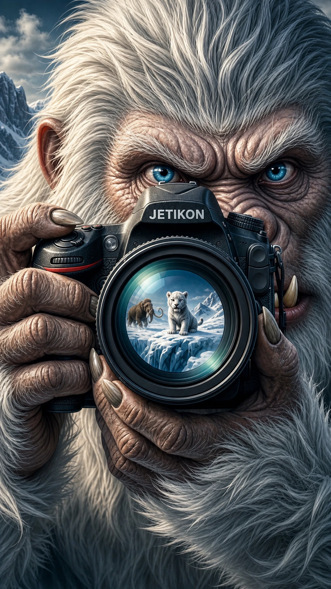 Close up of a yeti photographing a snowfield scene