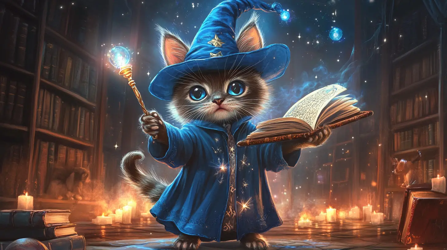 Adorable gatito mago siamés lanzando hechizos en la biblioteca