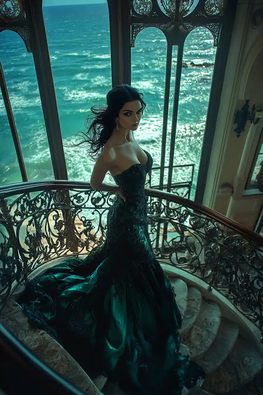 Elegant woman descending a grand spiral mansion staircase
