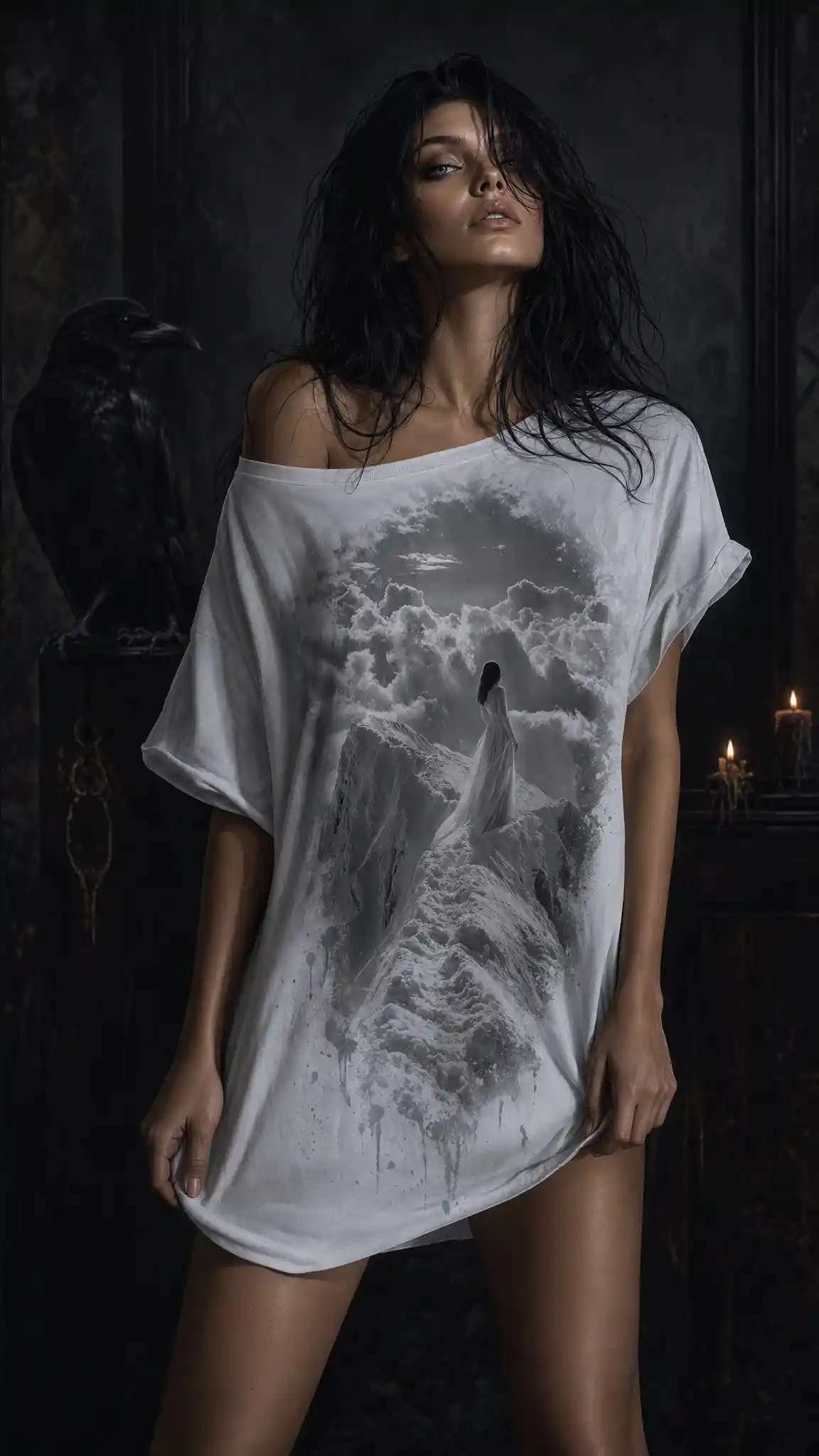 Dark fantasy woman in white tshirt with abstract ink print