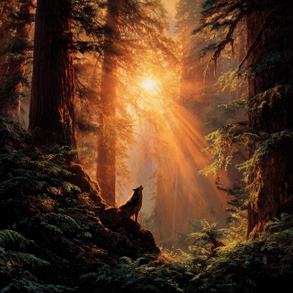 Lone wolf howling in a sunlit ancient redwood forest