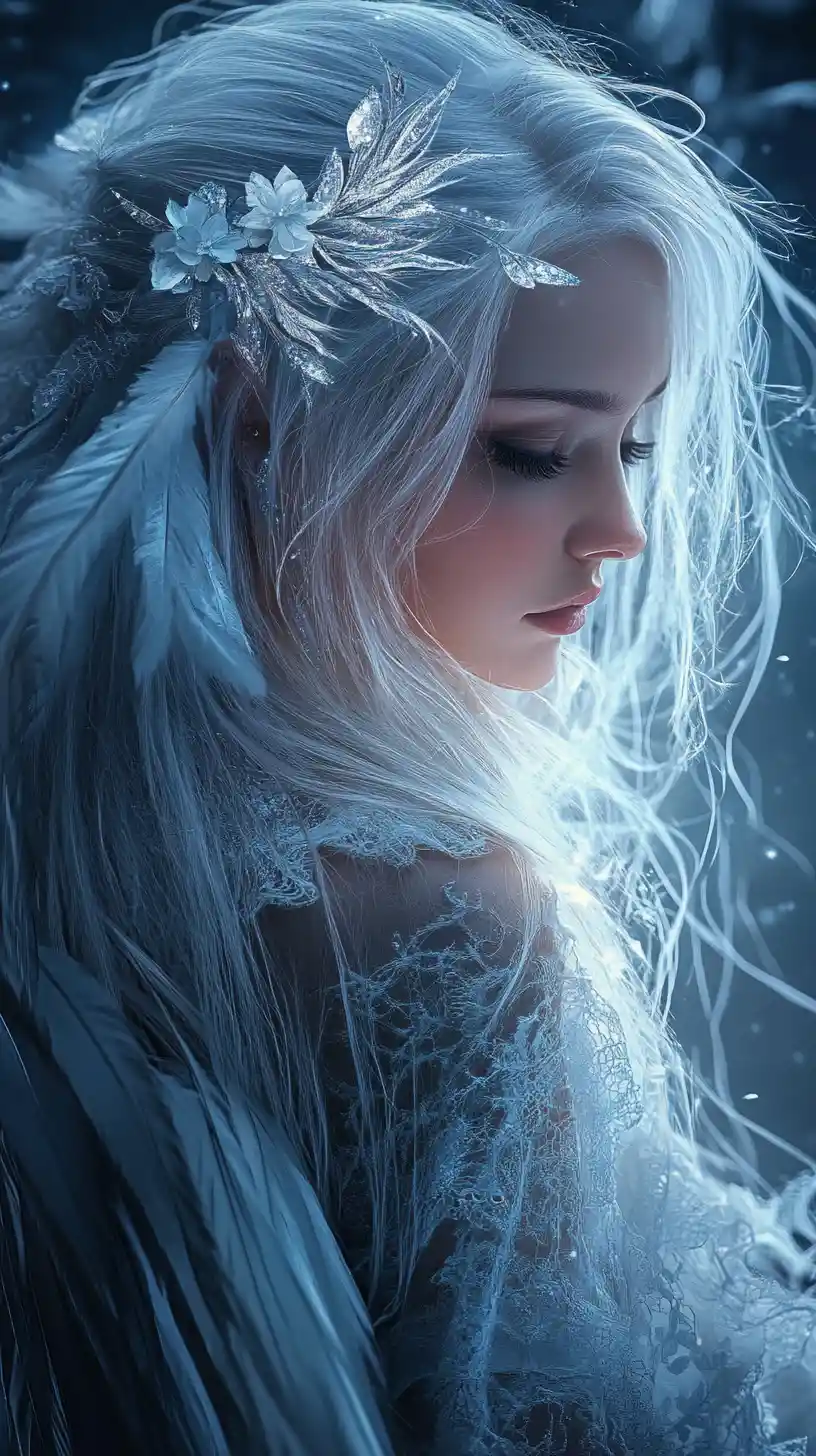 Melancholic angel in lace and feathers in dark forest
